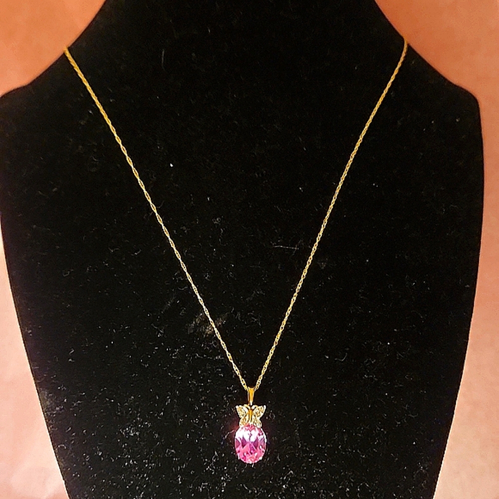 GENUINE PINK TOURMALINE & DIAMOND BUTTERFLY 14KT ROSE GOLD PENDANT & NECKLACE